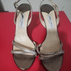 Jimmy Choo India Slingback Sandal Size 40 Silver Glitter Strappy heels